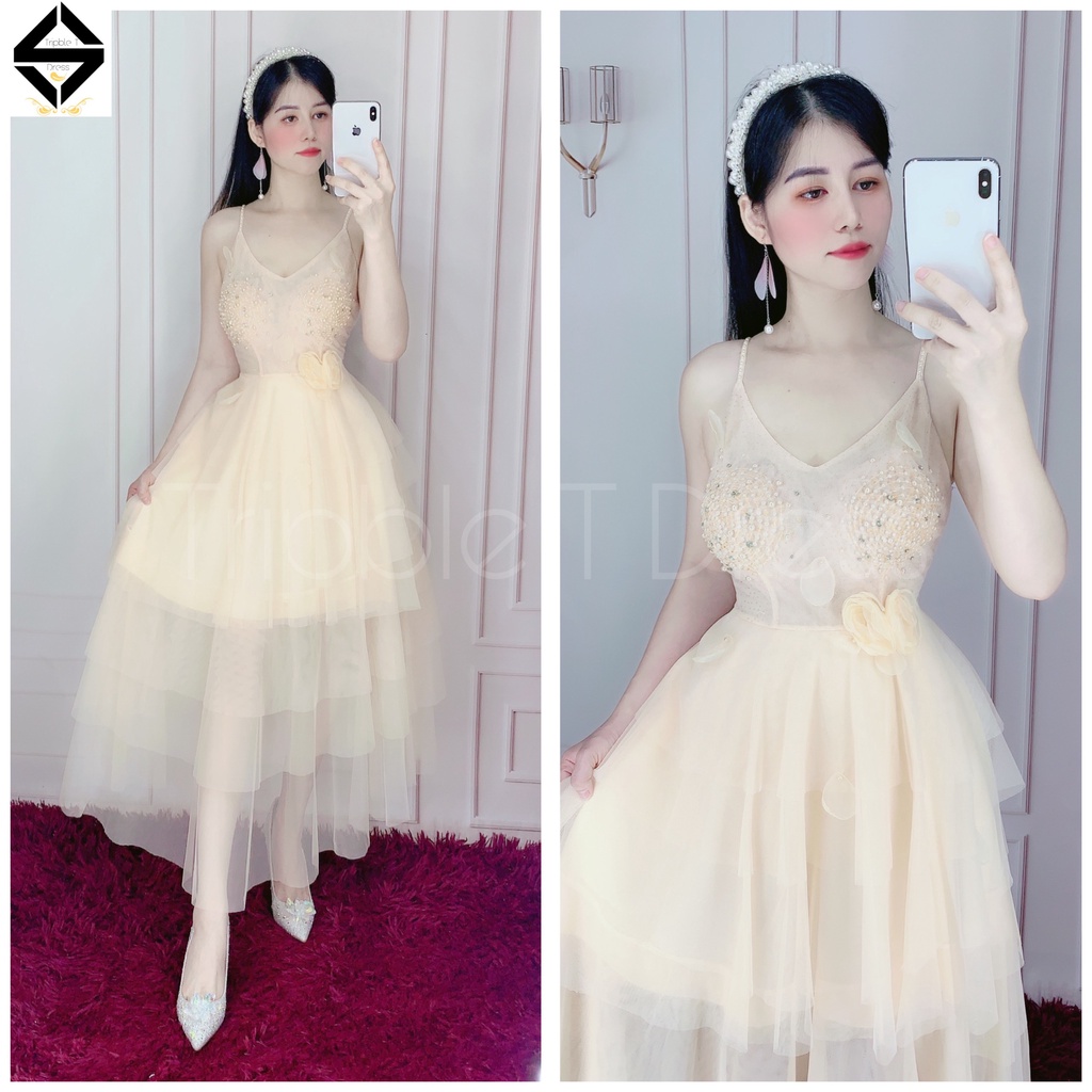 Đầm dự tiệc công chúa 2 dây xếp tầng kết cườm ngọc TRIPBLE T DRESS - size M/L - MS88Y