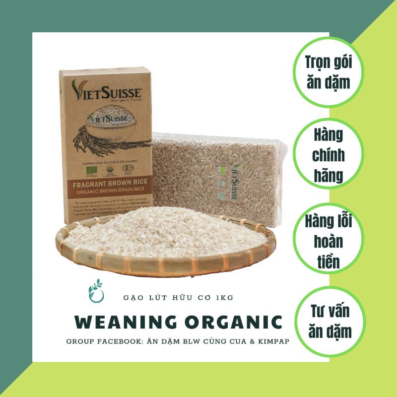 Gạo trắng hữu cơ - Gạo lứt hữu cơ VIETSUISSE 1KG nấu cơm cháo cho bé ăn dặm