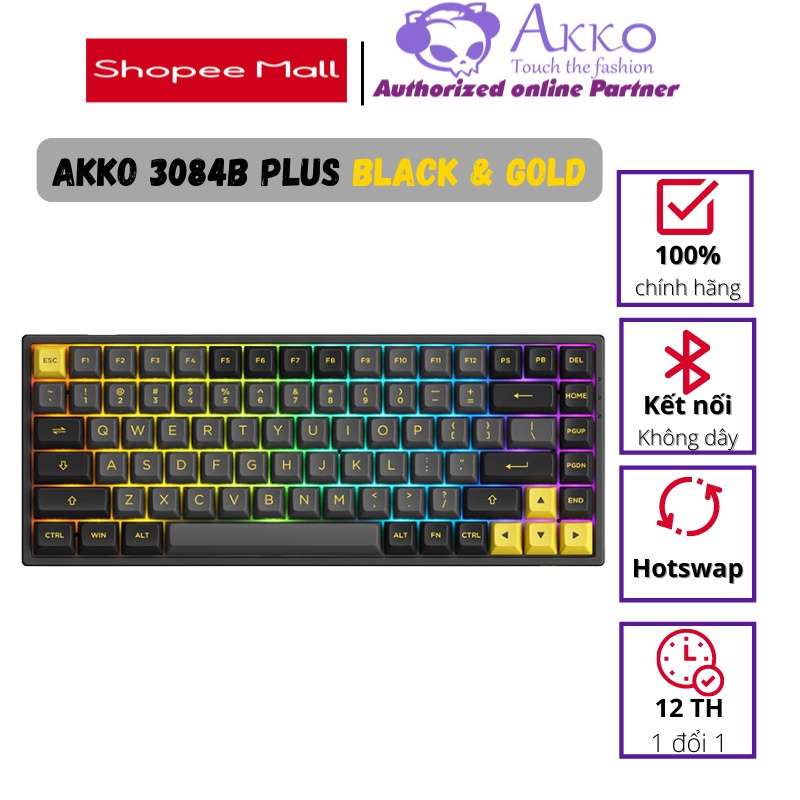 Bàn phím cơ AKKO 3084B Plus Black Gold (Bluetooth 5.0 / Wireless 2.4Ghz / Hotswap / Foam tiêu âm / AKKO CS Jelly sw)