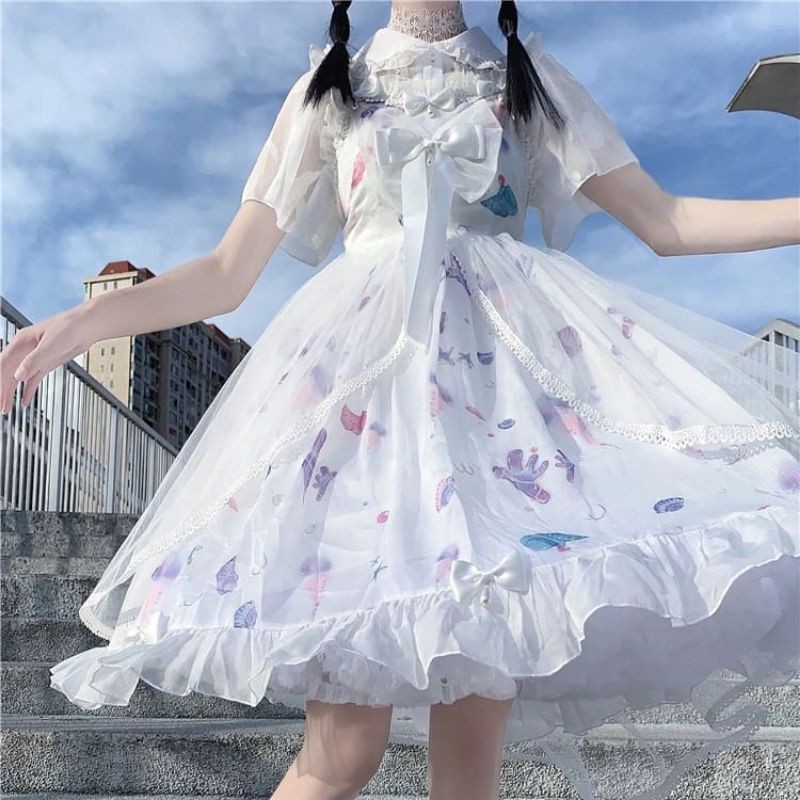 [Order] Váy đầm công chúa Lolita đính nơ in hình sinh vật biển dáng xòe màu tím - trắng loại đẹp