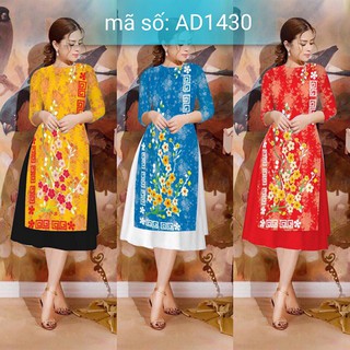 Ad1430 có size 4xl áo dài cách tân cổ tròn in họa tiết hoa mai mùa xuân kèm váy