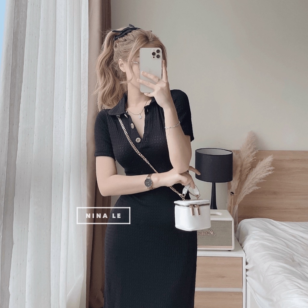 Váy đầm nữ ôm body dáng dài, đầm thun xốp cổ bẻ tay ngắn đính nút đơn giản dạo phố xinh xắn