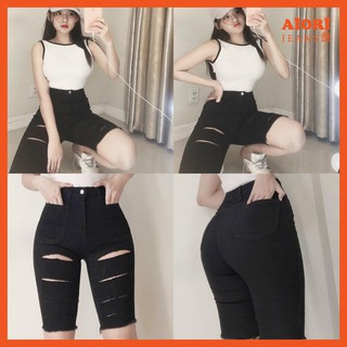 Quần Jean Nữ Aiori Ngố Lửng Lưng Cao Đen Tuyền Rách Kiểu Dáng Ôm Vải Co Giãn Tốt Jean Cotton Thoáng Mát, Mềm Mịn_Mã A102