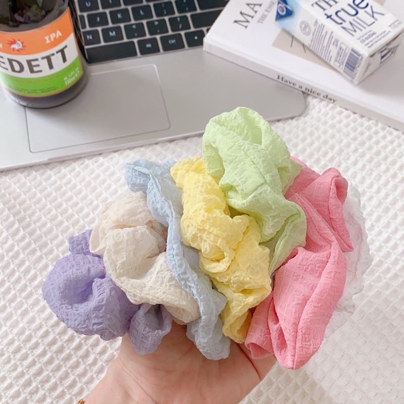 Dây buộc tóc Scrunchies vải đũi xốp trơn nhiều màu phong cách hàn quốc cho nữ