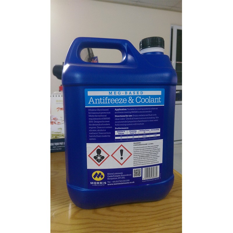 Nước làm mát xe động cơ ô tô màu xanh Morris MEG Antifreeze can 5L pha tỷ lệ  1:1