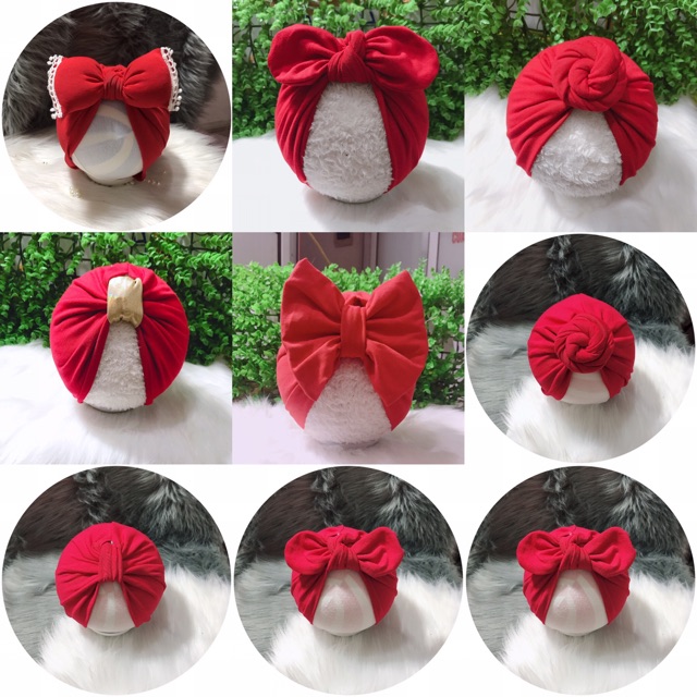 nón turban mầu đỏ phối nơ cho bé (5-10kg)