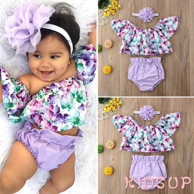 Bộ Trang Phục 3 Món Gồm Áo Trễ Vai + Quần Dài In Hoa + Băng Đô Thời Trang Mùa Hè Cho Bé Gái