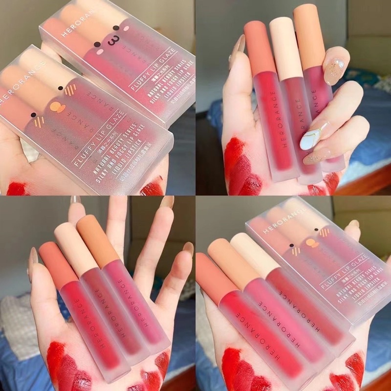 Set 3 Son Kem Lì HERORANGE Fluffy Lip Glaze - Son nội địa Trung