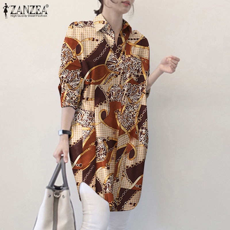 Áo sơ mi ZANZEA tay dài cổ bẻ in họa tiết thời trang cổ điển phong cách cho nữ