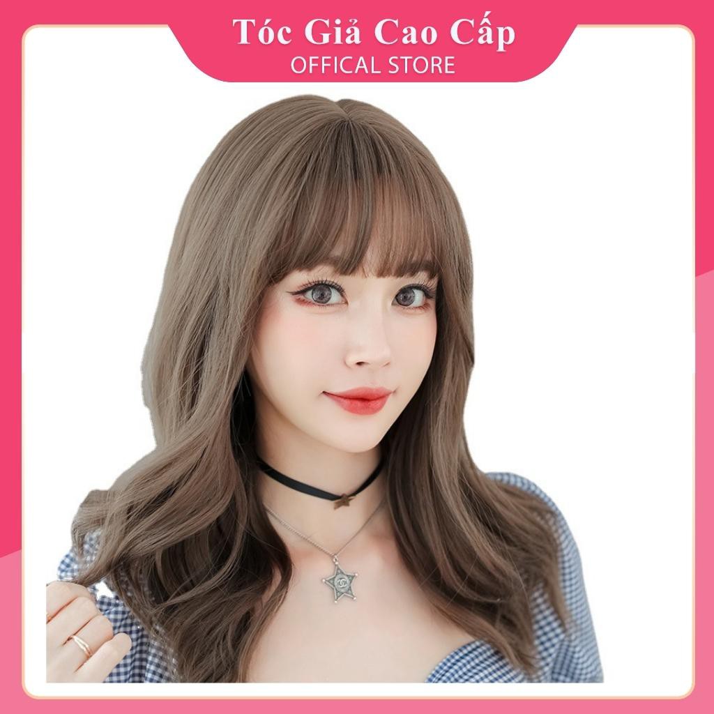 Tóc giả nữ nguyên đầu xoăn dợn kiểu hàn màu nâu lạnh hót, tặng kèm lưới trùm tóc wig, T60F