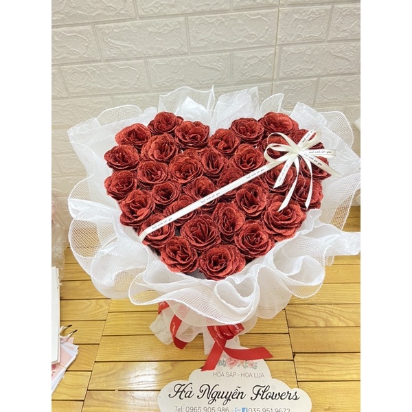 [Hoa sinh nhật- quà 14/2]_ Bó hoa hồng nhũ 40 bông kết hợp lưới siêu sang tặng kèm đèn nháy và full toping