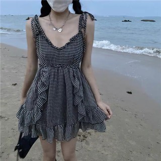 [Có Sẵn ]  Đầm 2 dây kẻ caro