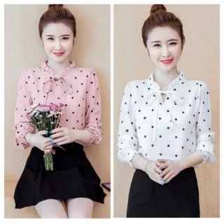 ÁO SƠ MI CÔNG SỞ NỮ CHẤM BI CỔ BÈO TAY NHÚN CAO CẤP