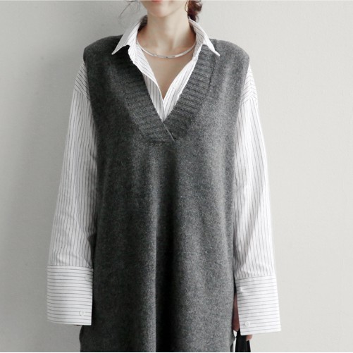 Đầm Sweater Dệt Kim Dáng Dài Cổ Chữ V Thời Trang