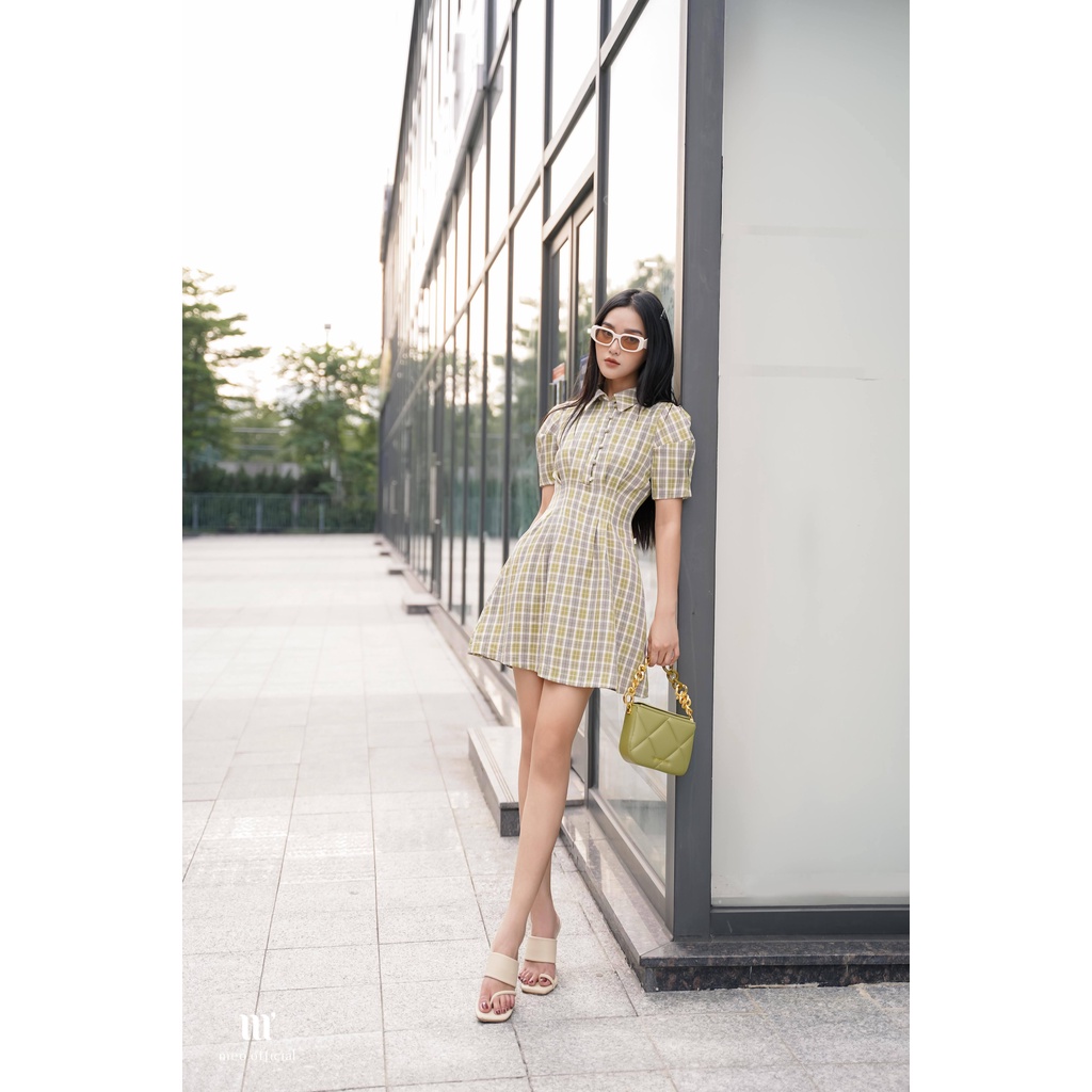 Váy liền nữ Méo shop kiểu Hàn ngắn tay bồng hoạ tiết kẻ công sở dáng xòe Sudary
