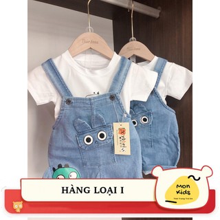 [Cao cấp] Set yếm jean bò mềm khủng long cho bé trai, bé gái mặc đôi, áo chất cotton và yếm bò bé từ 9-17kg - Mon Kids