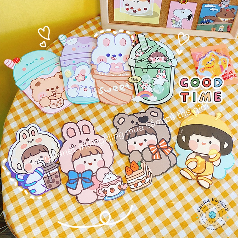Thiệp quà tặng sinh nhật hoạt hình BST Milk tea Party, bữa tiệc trà sữa gấu thỏ siêu dễ thương, đáng yêu