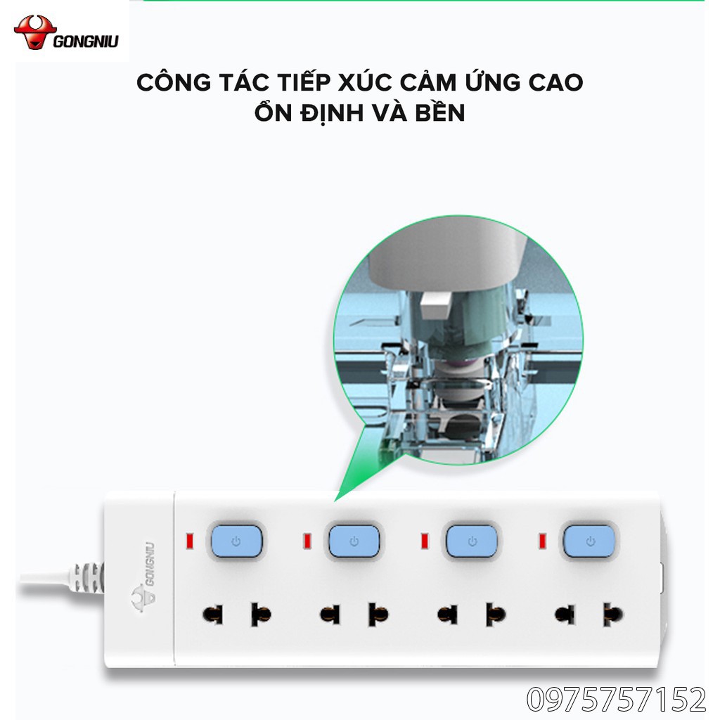 Ổ cắm điện an toàn cao cấp GONGNIU, ổ cắm điện đa năng 4 ổ 4 công tắc có dây 5m, bảo hành chính hãng 3 năm 1 đổi 1