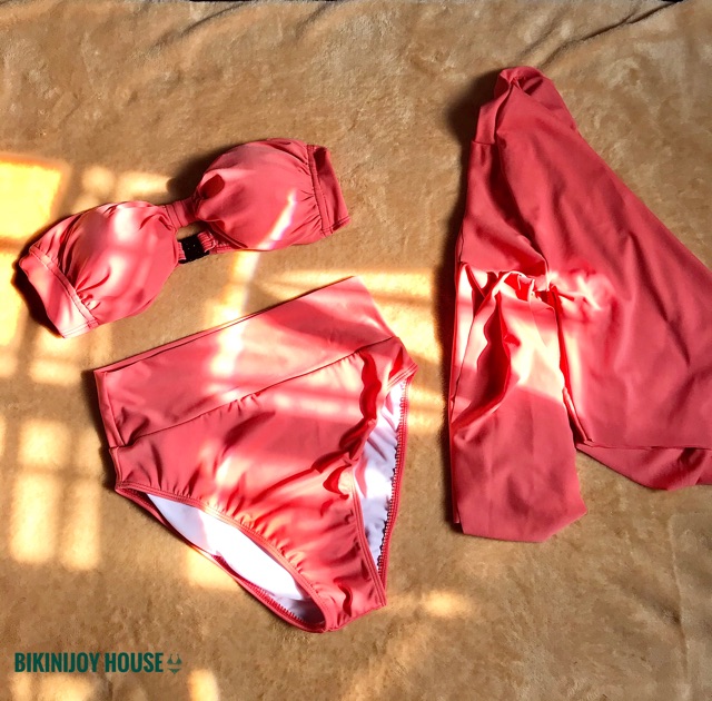 Set bikini lưng cao kèm khoác màu hồng