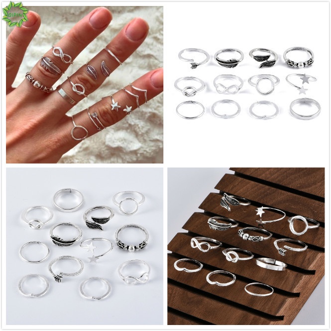 Set 12 nhẫn bạc nhiều kiểu dáng màu sắc độc đáo