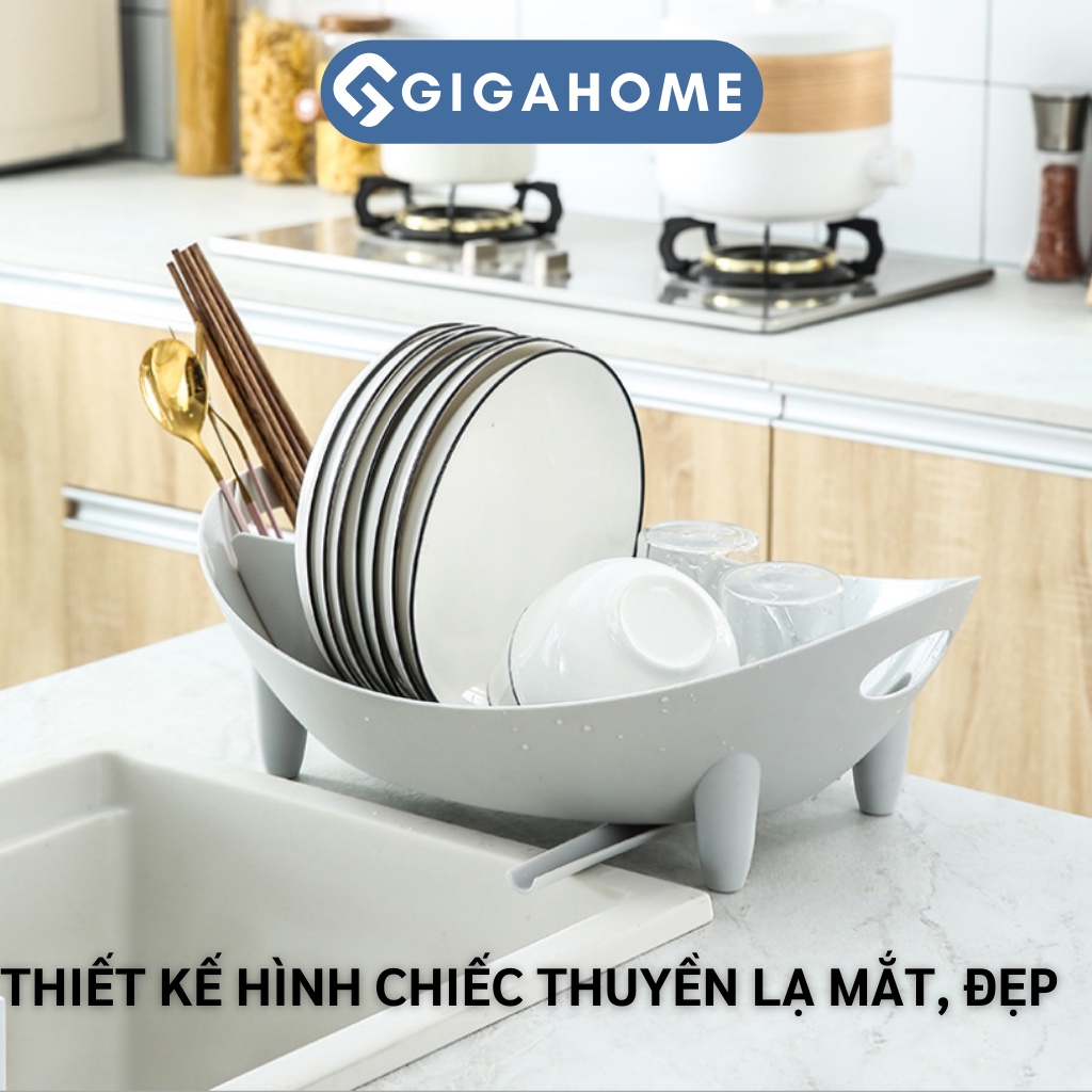 Khay/Kệ/Rổ Úp Chén Bát, Ống Đựng Đũa Có Ống Thoát Nước GIGAHOME Hình Thuyền 10167