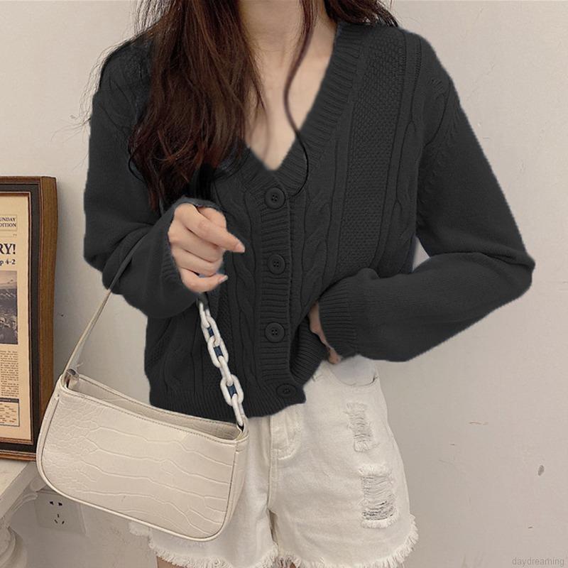 Áo Khoác Cardigan Dệt Kim Tay Dài Thiết Kế Cổ Chữ V Thanh Lịch