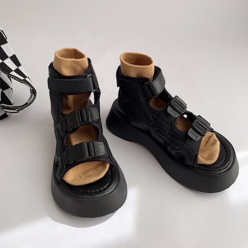 Giày Sandal Nữ Ulzzang bản cao cấp - Giày Sandal cổ cao đế 5 phân 3 quai ngang đi học mang áo dài