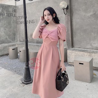 (Đầm Thiết Kế) Đầm Dáng Xòe, Váy Xèo Cổ Vuông Tay Bồng, Xoắn Nơ Ngực, COS V015