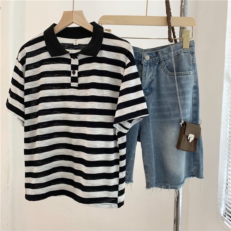 SUXI Áo polo Cotton Ngắn Tay Họa Tiết Sọc Ngang Thời Trang Dành Cho Nữ