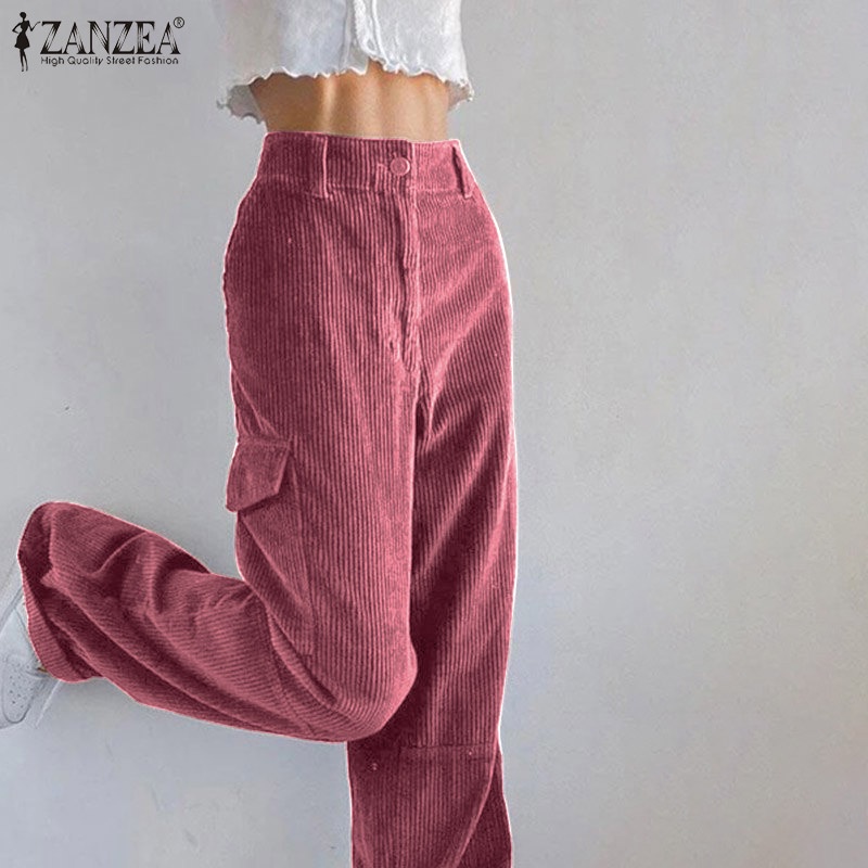 Quần dài ZANZEA ống rộng lưng cao màu trơn thời trang cho nữ