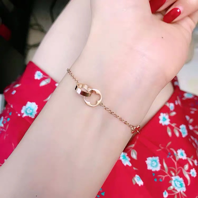 Lắc Chân Thép Titan Mạ Vàng Hồng 18K Mặt Cỏ Bốn Lá May Mắn Phong Cách Nhật Hàn