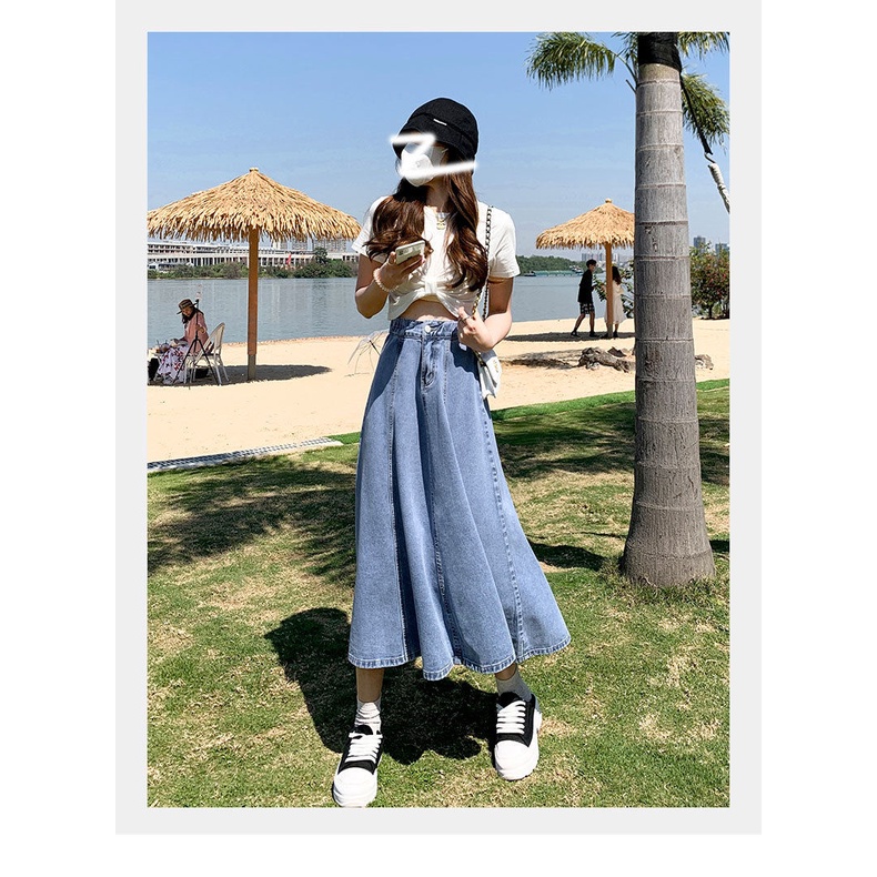 Chân váy jean Dáng Dài Xếp Ly Lưng Cao Mẫu Mới 2022 Thời Trang Mùa Hè Cho Nữ