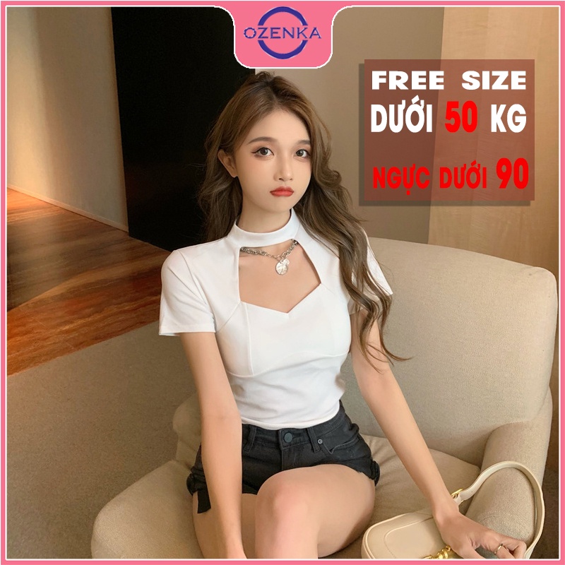 Áo croptop kiểu Hàn Quốc tay ngắn ôm nữ OZENKA , áo thun crt ngắn mặc đi học đi chơi chất thun gân cotton 100% đen trắng | BigBuy360 - bigbuy360.vn