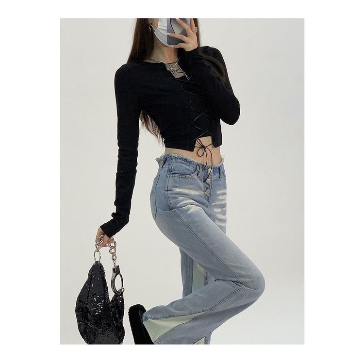 Quần jeans loe cạp thấp màu tương phản thời trang phong cách Mỹ cho nữ