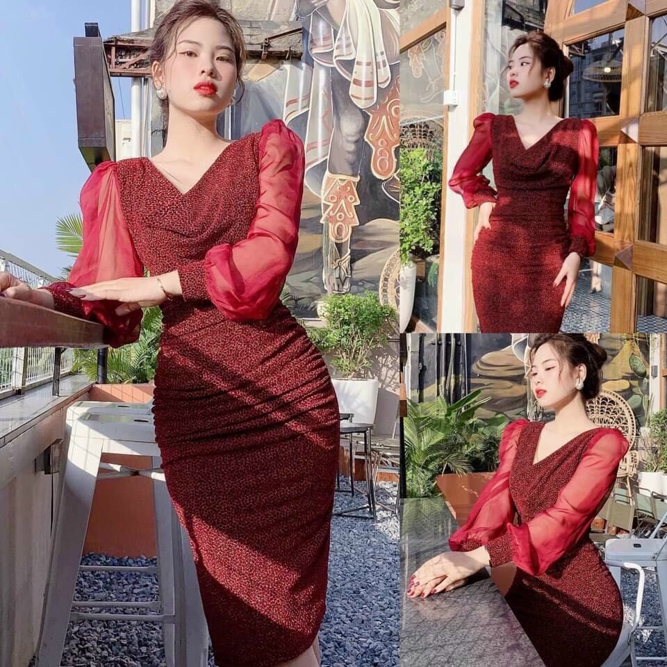 Đầm body đỏ dự tiệc siêu sang - Mua đầm ôm kim tuyến đẹp