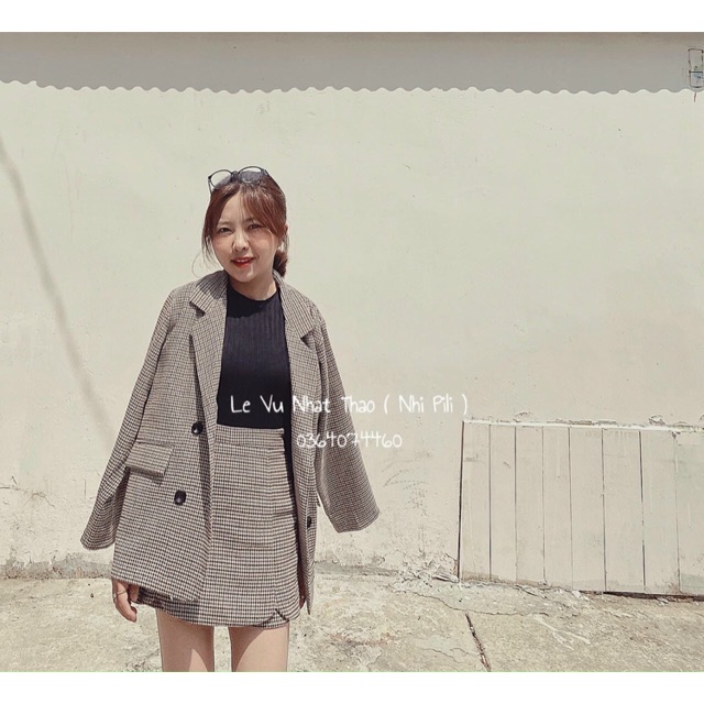 Set váy chữ A gợn sóng + vest caro nâu