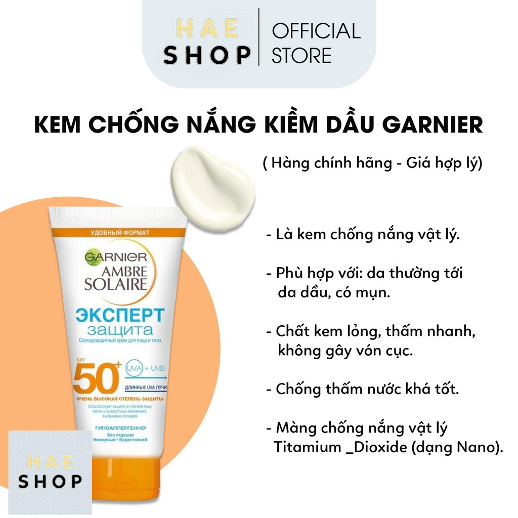 Kem Chống Nắng Vật Lý, Kiềm Dầu Garnier Ambre Solaire Face Cream SPF 50+ (Bản Nga) - Dành Cho Da Thường, Da Dầu