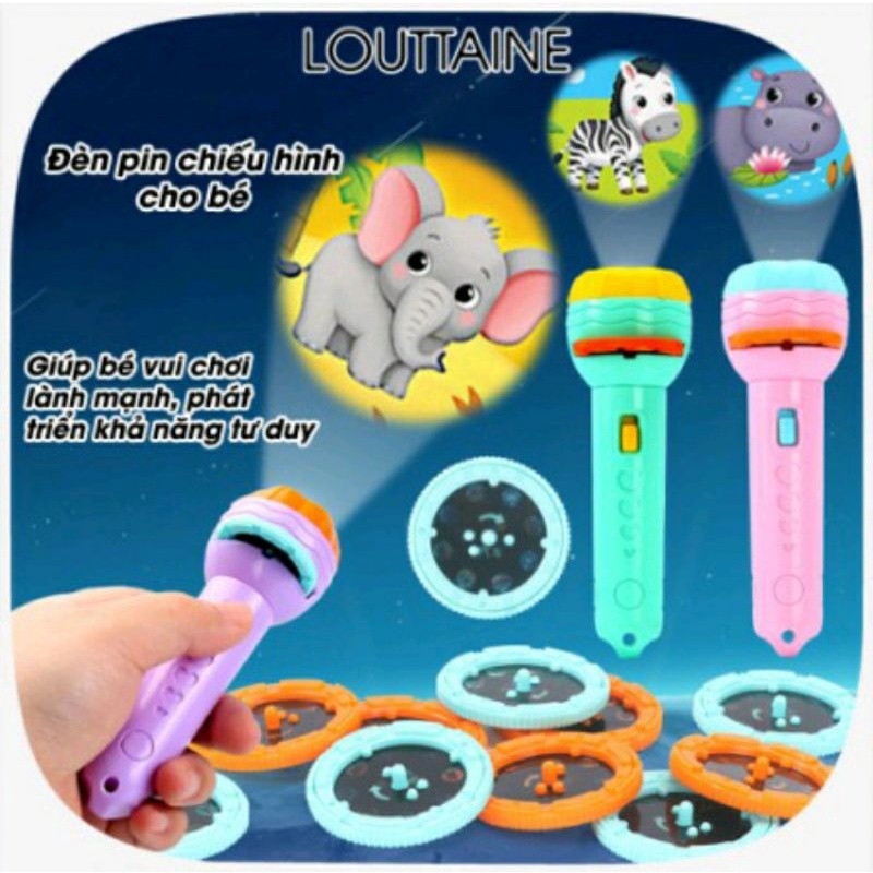 sẵn pin - Đèn pin chiếu hình cho bé 24 hình động vật ngộ nghĩnh.