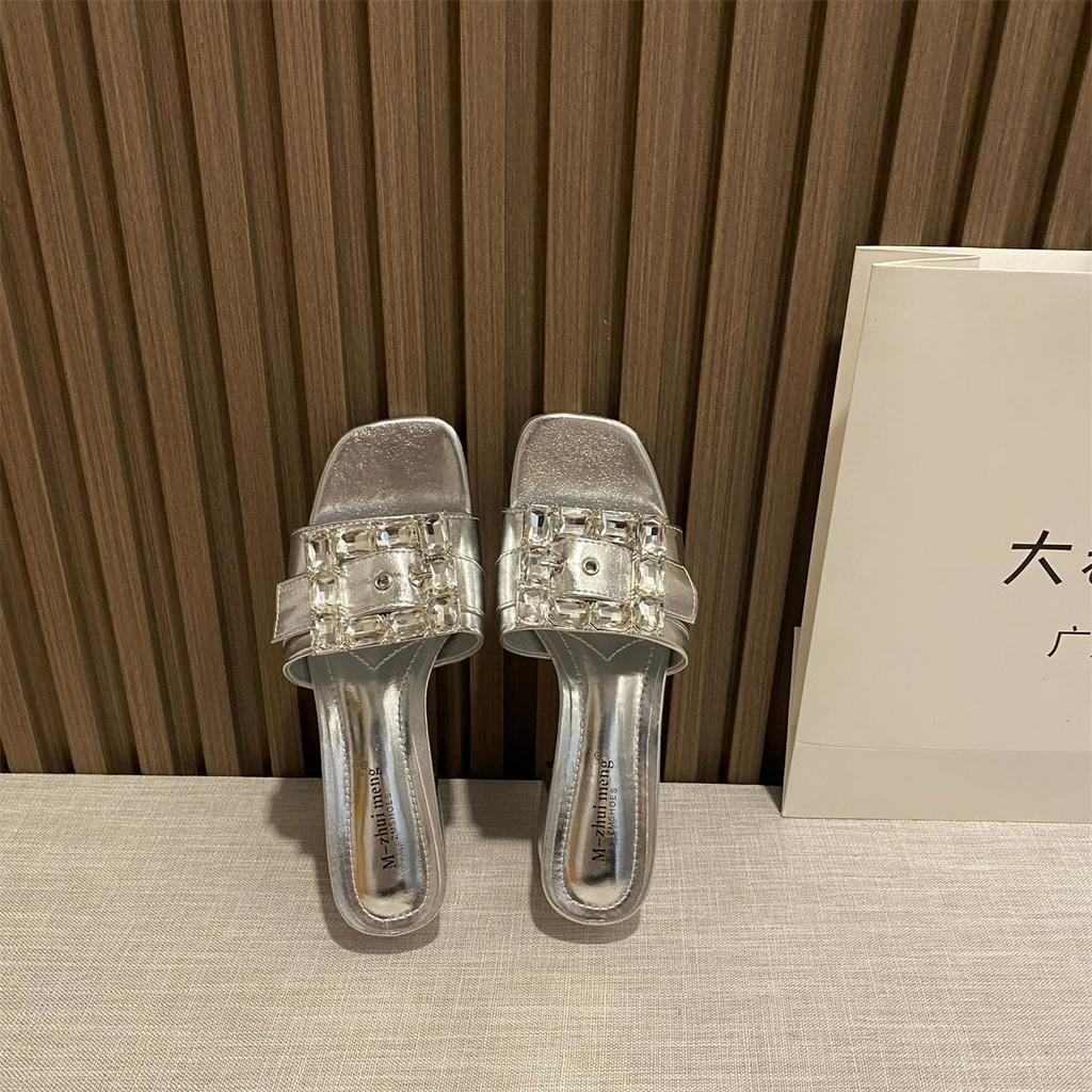 Giày Sandal Cao Gót Đế Thô Quai Đính Đá Vuông Phong Cách Pháp Thời Trang Xuân Hè 2023 Mới Dành Cho Bạn Nữ