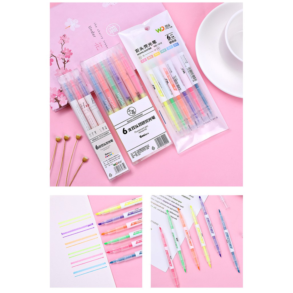 [Mã LIFEXANH03 giảm 10% đơn 500K] Bút nhớ highlight pastel 2 đầu nhiều màu gồm set 6 bút và 3 bút