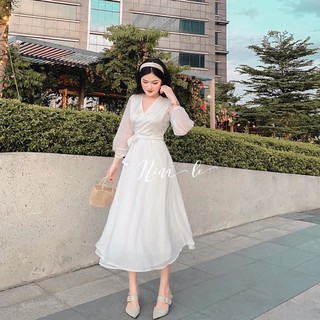 Đầm váy trắng 🌺 tay dài phồng nhẹ, cổ đắp chéo chữ V dễ thương, thanh lịch