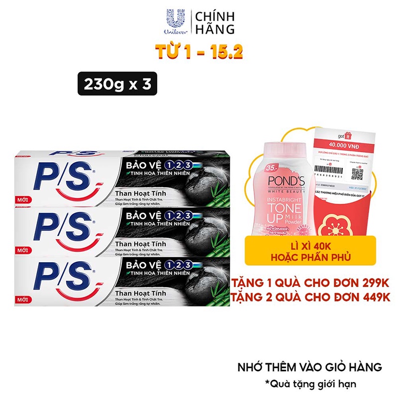 Bộ 3 Hộp Kem đánh răng P S Thiên nhiên Than Hoạt Tính cho nụ cười trắng