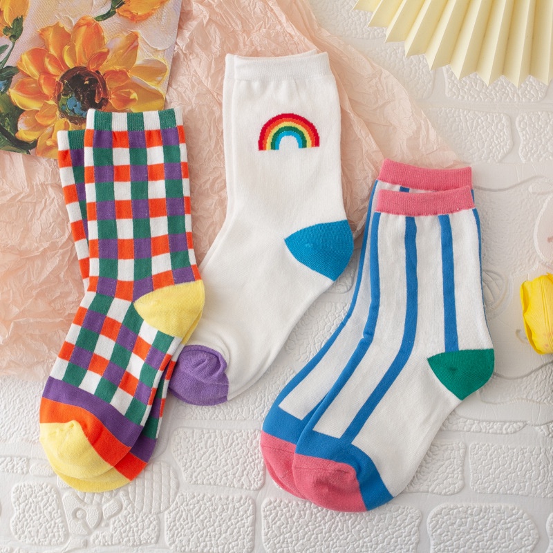 WAFNHA D308 Vớ cotton Cổ Trung Màu Cầu Vồng Phong Cách Hàn Quốc Thời Trang Cho Nữ