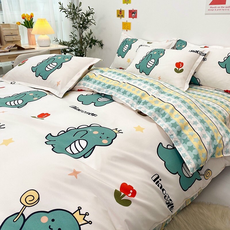 Bộ chăn ga gối cotton poly -mẫu khủng long xanh -luis bedding shop miễn phí bo chun