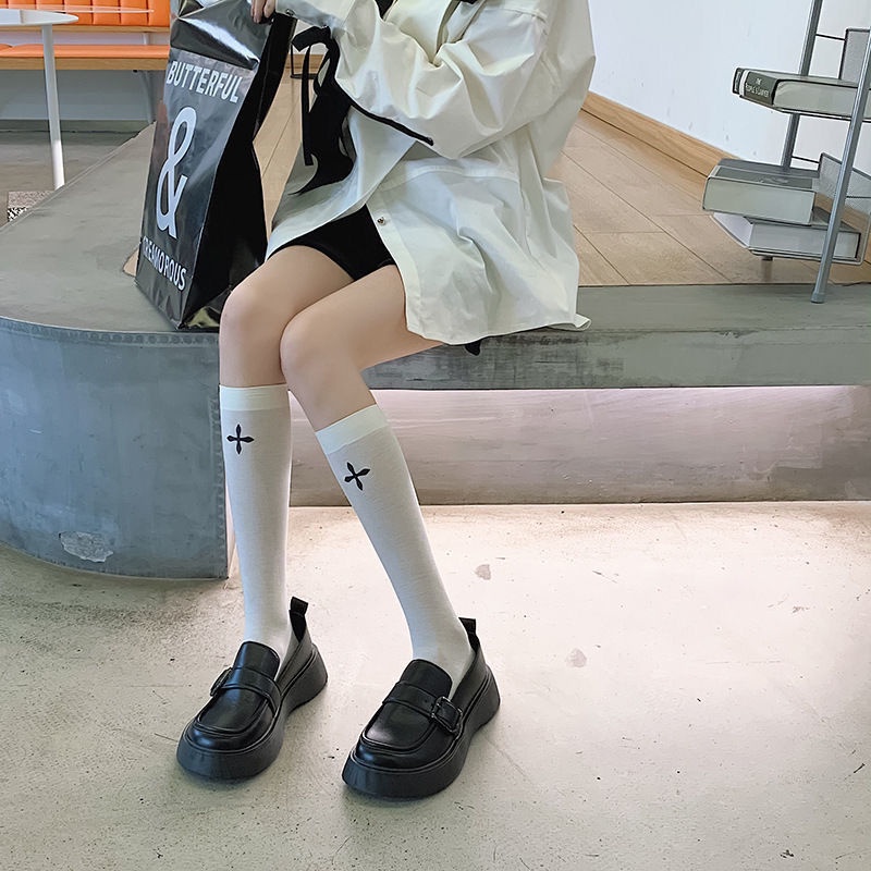 Jiashucheng Tất Cổ Cao Vừa Màu Trắng Đen Phong Cách Nhật Bản Dễ Phối Đồ Cho Nữ Sinh