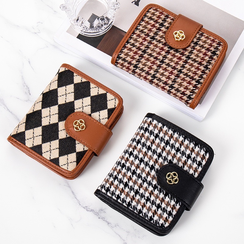 Ví ngắn nữ gập cầm tay da PU cao cấp hoạ tiết kẻ sọc vintage vải thêu