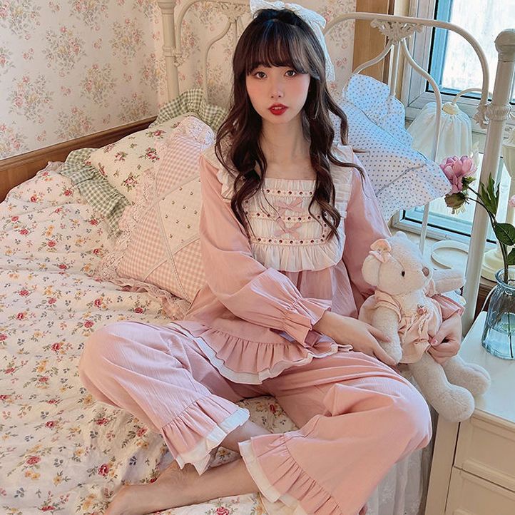 Bộ Đồ Ngủ Tay Dài Cổ Vuông Màu Trơn Dễ Thương Phong Cách Nhật Bản Thời Trang Xuân Thu Cho Nữ