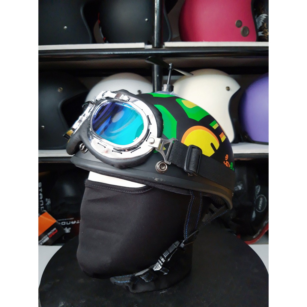 Combo 3 món: mũ bảo hiểm nửa đầu hoạ tiết rùa+ kính PHI CÔNG+ chong chóng