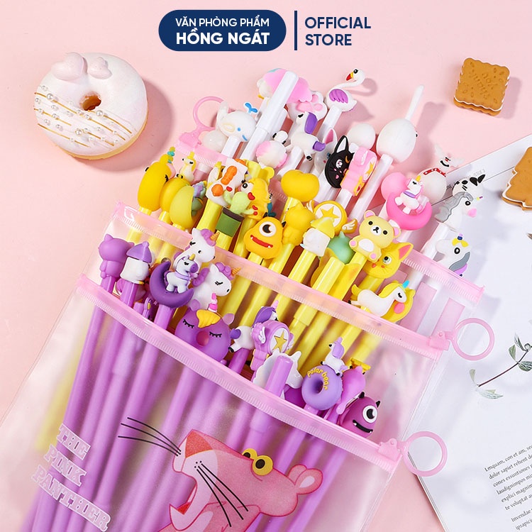 Bút bi cute dễ thương ngộ nghĩnh, set 20 bút bi nước mực gel đựng kèm túi zip đồ dùng học tập văn phòng phẩm B39