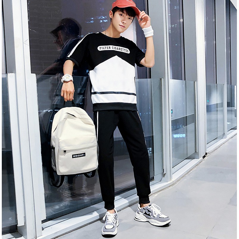Bộ Quần Áo Thun Nam Ngắn Tay Phối Hai Màu Đen Trắng Quần Dài Phối Sọc Thời Trang Đường Phố SET NAM 90000110C2 | BigBuy360 - bigbuy360.vn